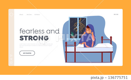 Fear of Bad Weather Landing Page Template. Child Character Sits In Bedroom under Blanket, Fearful During A Storm Fear of Bad Weather Landing Page Template. Child Character Sits In Bedroom under Blanket, Fearful During A Storm 136775751