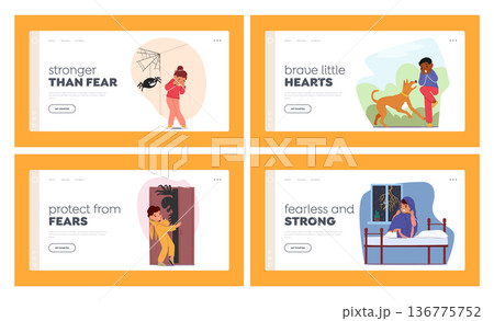 Children Fears Landing Page Template Set. Little Boys and Girls Character Afraid of Darkness, Monsters, Thunderstorm 136775752