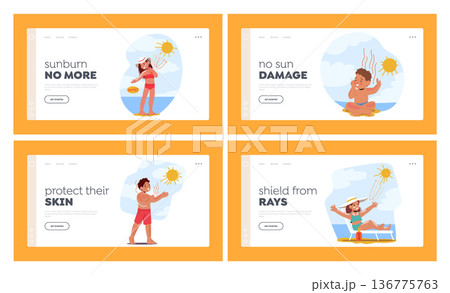 Kids Skin Protection Landing Page Template Set. Children's Sunburn Cause Redness, Pain, And Blisters due to Overexposure Kids Skin Protection Landing Page Template Set. Children's Sunburn Cause Redness, Pain, And Blisters due to Overexposure 136775763