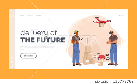 Delivery of the Future Landing Page Template. Warehouse Workers Use Unmanned Aerial Vehicle To Transport Packages Delivery of the Future Landing Page Template. Warehouse Workers Use Unmanned Aerial Vehicle To Transport Packages 136775768