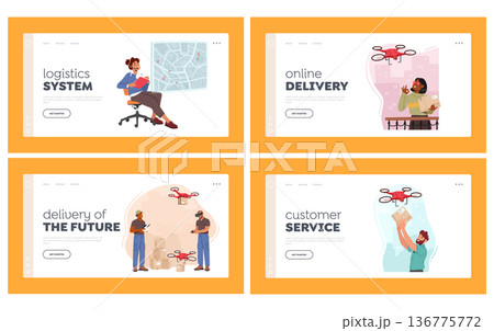 Drones Delivery Service Landing Page Template Set. Technology of Air Transportation Goods To Customers 136775772
