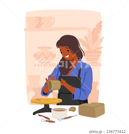 Artisan Female Character Shaping Clay, Crafting Beautiful Vessel. Skillful Carve, And Glaze, Transforming Raw Material 136775812