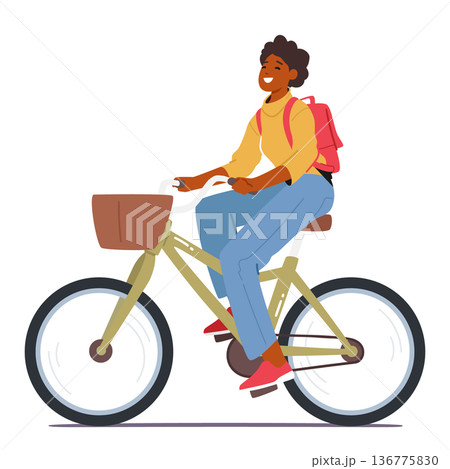 Woman Rides A Bicycle, Female Character Enjoys The Benefits Of Outdoor Exercise, Improve Her Cardiovascular Fitness 136775830