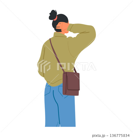 Woman Stands, Her Hand Raised, Scratching Her Head With A Puzzled Expression, Seen From Behind, Vector Illustration 136775834