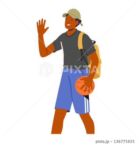 Male Character Confidently Walking with A Basketball Ball, Carrying A Backpack Slung Over One Shoulder, Vector 136775835