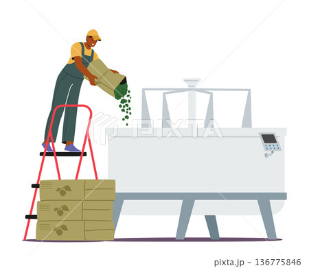Beer-making Process Stage. Worker Character Pour Hops Into The Machine, The Hops Add Flavor, Aroma, And Bitterness Beer-making Process Stage. Worker Character Pour Hops Into The Machine, The Hops Add Flavor, Aroma, And Bitterness 136775846