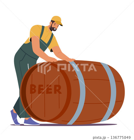 Worker Male Character Wear Uniform Rolls Huge Beer Barrel Using A Combination Of Strength And Balance Worker Male Character Wear Uniform Rolls Huge Beer Barrel Using A Combination Of Strength And Balance 136775849