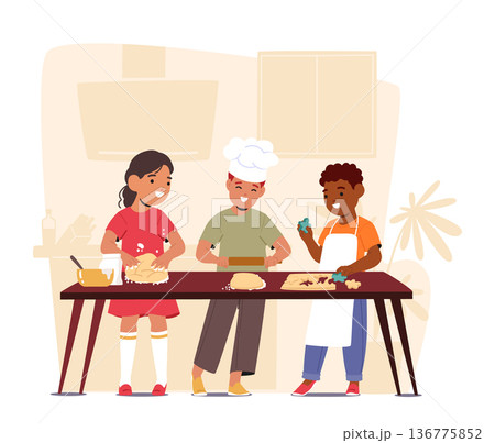 Young Chefs In Chef Uniforms Whipping Up Delicious Cookies. Kids Characters Explore Culinary Delights, Donning Aprons 136775852