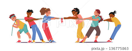Children Characters Play Tug Of War, Spirited Team Game Where Opposing Groups Pull On Opposite Ends Of A Rope 136775863