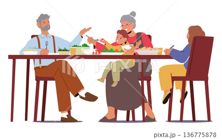 Grandparents And Kids Characters Gather Around A Festive Table, Sharing Gratitude, Laughter, And Meals On Thanksgiving 136775878