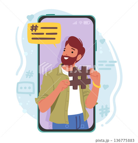 Man Character Holding Hashtag Sign On Smartphone Screen, Symbolizing Social Media Trends, Online Engagement Man Character Holding Hashtag Sign On Smartphone Screen, Symbolizing Social Media Trends, Online Engagement 136775883
