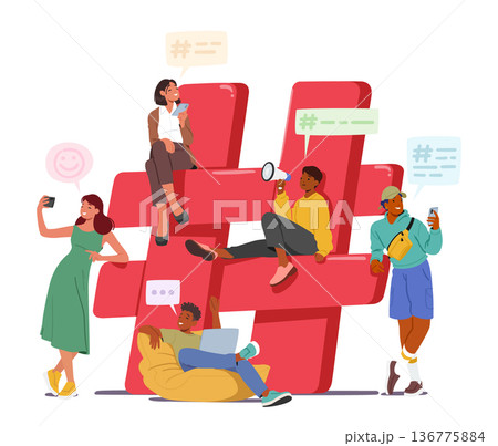 Tiny Characters With Smartphones Gather Near Huge Red Hashtag Sign, Representing The Digital Era's Influence 136775884