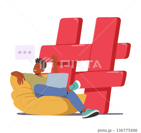 Tiny Man Character Works On Laptop Near Huge Hashtag Sign, Representing The Digital World's Impact On Communication 136775886