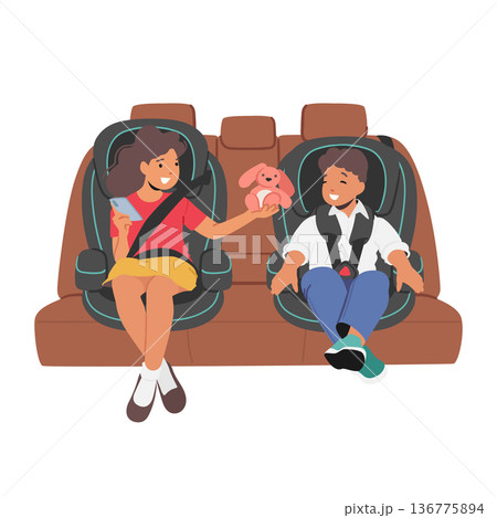 Smiling Kids Of Different Ages Sit In Car Backseat Use Safety Belts And Child Seat For Protection. Children Safe Smiling Kids Of Different Ages Sit In Car Backseat Use Safety Belts And Child Seat For Protection. Children Safe 136775894