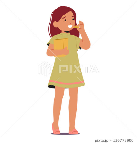 Child Joyfully Munching On Chips, Savoring The Crispy And Flavorful Bites With Smile On her Face, Vector Illustration 136775900