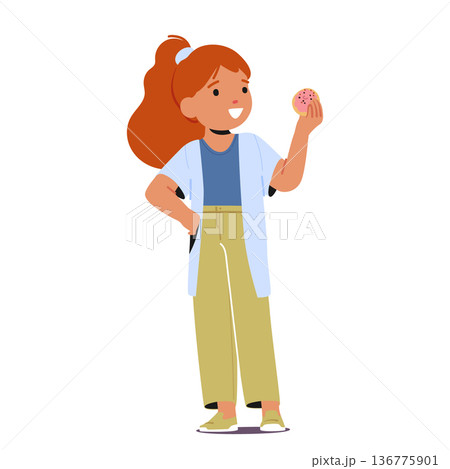 Little Girl Eating fast Food Dessert. Joyful Kid Character Indulging In A Sugary Donut, Eyes Wide With Delight 136775901
