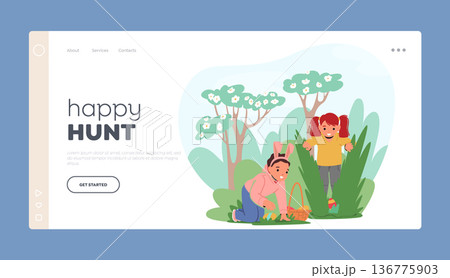 Happy Hunt Landing Page Template. Children In Garden Searching For Hidden Easter Eggs. Excitement Of A Treasure Hunt Happy Hunt Landing Page Template. Children In Garden Searching For Hidden Easter Eggs. Excitement Of A Treasure Hunt 136775903