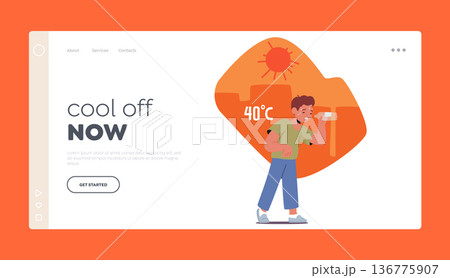 Heat Stroke Landing Page Template. Dehydrated And Dizzy Little Boy Character Collapsed From Heat Stroke 136775907