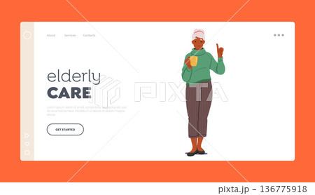 Elderly Care Landing Page Template. Experienced Senior Woman with Cup Confidently Pointing Up, Displaying Her Wisdom Elderly Care Landing Page Template. Experienced Senior Woman with Cup Confidently Pointing Up, Displaying Her Wisdom 136775918