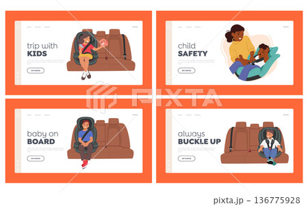 Children Sit in Car Seat Landing Page Template Set. Happy Boy And Girl Sit In Vehicle Chair during Travel With Family Children Sit in Car Seat Landing Page Template Set. Happy Boy And Girl Sit In Vehicle Chair during Travel With Family 136775928