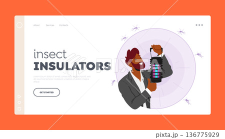 Insect Insulators Landing Page Template. Man Uses Lamp To Repel Mosquitoes And Other Insects. It Emits Uv Light Insect Insulators Landing Page Template. Man Uses Lamp To Repel Mosquitoes And Other Insects. It Emits Uv Light 136775929