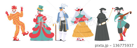 Elaborately Adorned In Venetian Masquerade Attire, Male and Female Characters Exude Elegance And Mystery Elaborately Adorned In Venetian Masquerade Attire, Male and Female Characters Exude Elegance And Mystery 136775937