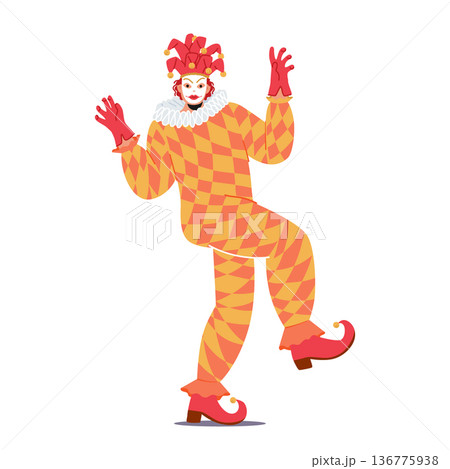 Mysterious Figure Adorned In A Vibrant Harlequin Masquerade Venetian Costume, Character Exuding Elegance Mysterious Figure Adorned In A Vibrant Harlequin Masquerade Venetian Costume, Character Exuding Elegance 136775938