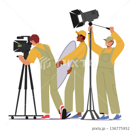 Cameraman And Light Crew Characters at Film Production, Capturing Cinematic Moments With Precision And Setting The Mood Cameraman And Light Crew Characters at Film Production, Capturing Cinematic Moments With Precision And Setting The Mood 136775952