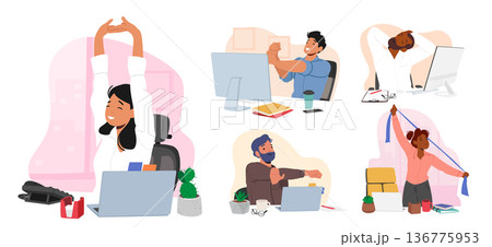 Set Of Male And Female Characters Workout In Office Utilizing Exercise Equipment. Concept Of Healthy Habits In Workplace 136775953