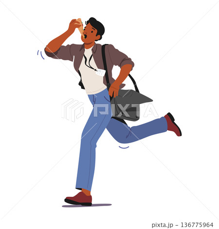 Busy Man, Rushing Through His Day, Eating Quick Meal While On The Move, Cartoon People Vector Illustration Busy Man, Rushing Through His Day, Eating Quick Meal While On The Move, Cartoon People Vector Illustration 136775964