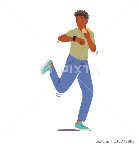 Teenage Boy Looking on Wrist Watches, Munches A Quick Snack While Walking, Cartoon People Vector Illustration Teenage Boy Looking on Wrist Watches, Munches A Quick Snack While Walking, Cartoon People Vector Illustration 136775965