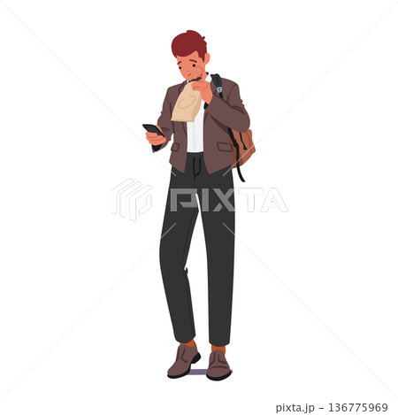 Hurried Student Boy With Backpack Hastily Munching Fast Food, While Reading Message. Character Rushes Hurried Student Boy With Backpack Hastily Munching Fast Food, While Reading Message. Character Rushes 136775969