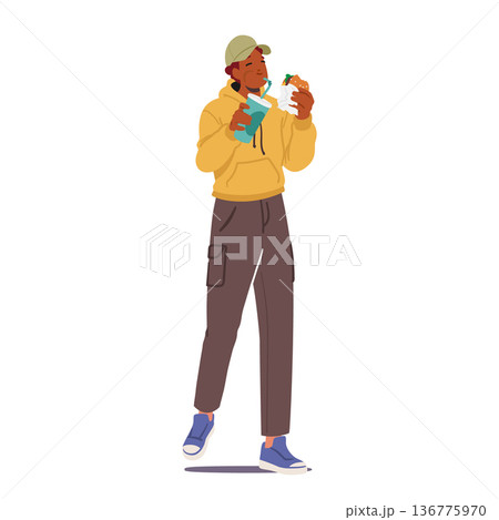 Young Man, Hurried And Hungry, Savors Street Food On The Go. With Each Bite, Character Embraces The Flavors Young Man, Hurried And Hungry, Savors Street Food On The Go. With Each Bite, Character Embraces The Flavors 136775970