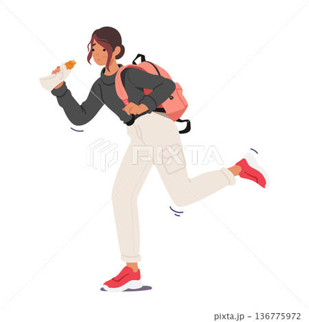 Busy Student Girl, Backpack Slung, Takes Quick Bites From A Snack While Rushing To Class. Multitasking On The Go 136775972