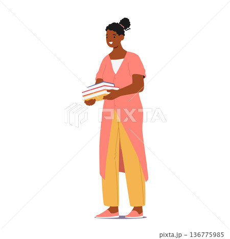 Woman Character Gracefully Cradles A Stack Of Books, Her Eyes Gleaming With Knowledge And Curiosity, Vector Illustration Woman Character Gracefully Cradles A Stack Of Books, Her Eyes Gleaming With Knowledge And Curiosity, Vector Illustration 136775985