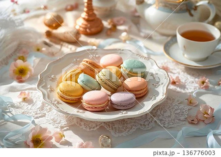 カラフルなかわいいマカロンと紅茶のあるお部屋 136776003