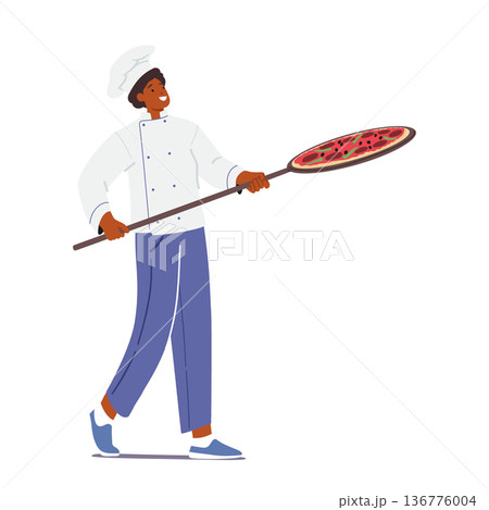 Skilled Chef Character Expertly Balances A Freshly Baked Pizza On A Rustic Wooden Shovel, Ready To Serve Piping Hot 136776004