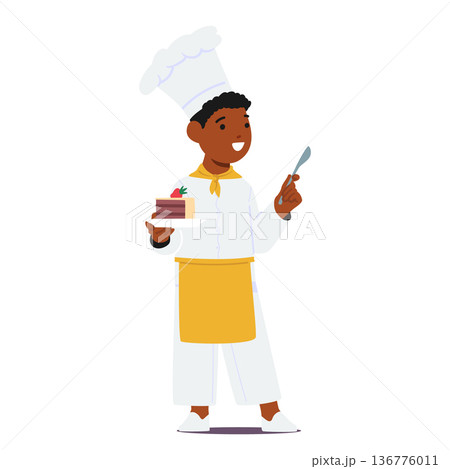 Young Boy Character Wearing Chef Uniform Proudly Holds A Cake On A Plate, His Face Beaming With Excitement Young Boy Character Wearing Chef Uniform Proudly Holds A Cake On A Plate, His Face Beaming With Excitement 136776011