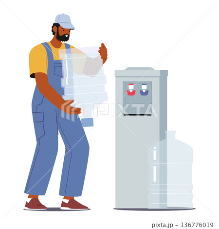 Office Worker Male Character Installs Fresh Water Balloon On Cooler For Easy Access To Drinking Water, Vector Office Worker Male Character Installs Fresh Water Balloon On Cooler For Easy Access To Drinking Water, Vector 136776019