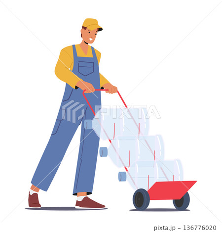 Worker Male Character Delivers Fresh Water On Manual Trolley, Safely Transporting Clean Water To Homes And Businesses 136776020