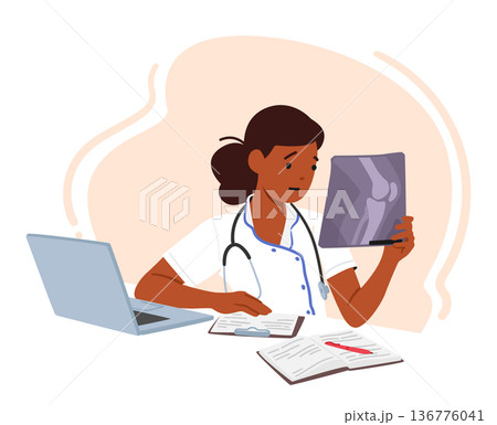 Young Female Doctor Character Sitting At Desk With Laptop, Working On Patient X-ray Image, Utilizing Technology 136776041