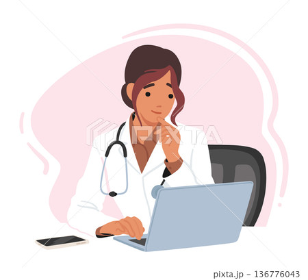 Young Female Doctor Character Sitting At Desk, Typing On Laptop, Focused On Providing High-quality Patient Care 136776043