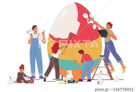 Happy Family Prepare For Easter Celebration. Tiny Parents And Children Girls And Boy Painting Huge Egg Happy Family Prepare For Easter Celebration. Tiny Parents And Children Girls And Boy Painting Huge Egg 136776052