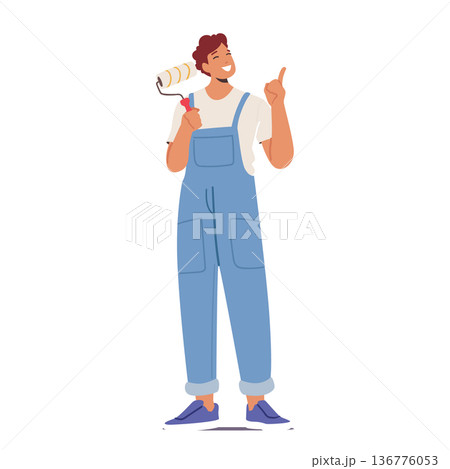 Cheerful Male Character with Painting Roll Isolated on White Background. Worker on Blue Overalls Doing Renovation Works 136776053