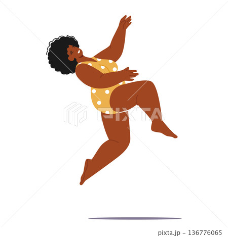 Energetic, Confident And Joyful, A Plump Female Character In A Swimsuit Defies Societal Norms By Happily Jumping Energetic, Confident And Joyful, A Plump Female Character In A Swimsuit Defies Societal Norms By Happily Jumping 136776065