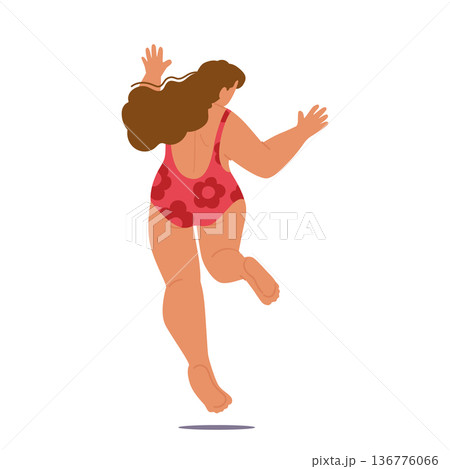 Energetic, And Carefree, Plump Woman Joyfully Jumps In Swimsuit, Loves Body And Celebrating Beauty Of Self-acceptance Energetic, And Carefree, Plump Woman Joyfully Jumps In Swimsuit, Loves Body And Celebrating Beauty Of Self-acceptance 136776066