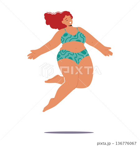 Energetic, And Joyful, A Plump Woman Jumps In Her Swimsuit, Embracing Body Positivity And Radiating A Carefree Spirit Energetic, And Joyful, A Plump Woman Jumps In Her Swimsuit, Embracing Body Positivity And Radiating A Carefree Spirit 136776067