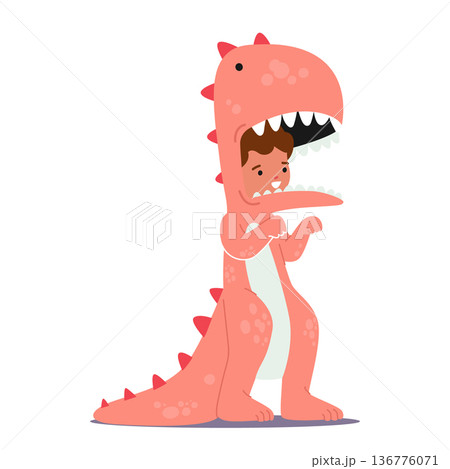 Adorable Child Character Dons Dinosaur Costume, Complete With Vibrant Scales And A Playful Tail Bringing Prehistoric Fun 136776071