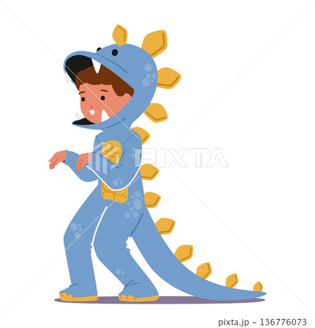 Adorable Child Character Dons Blue Dinosaur Costume, Bringing Prehistoric Charm To Life With Playful Antics 136776073