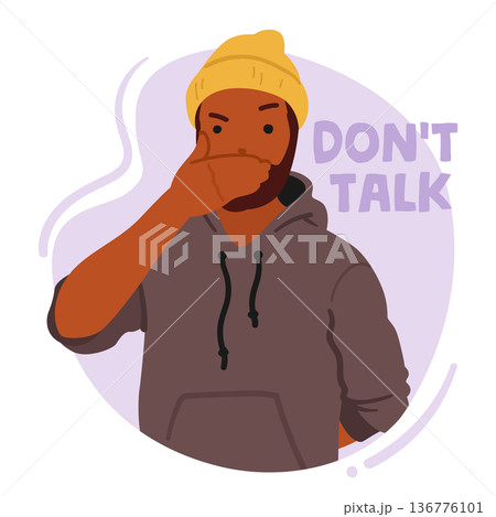 Young Man Covering Mouth Like Wise Monkey Do Not Tell Evil. Male Character Refuse to Speak Evil, Cartoon Illustration Young Man Covering Mouth Like Wise Monkey Do Not Tell Evil. Male Character Refuse to Speak Evil, Cartoon Illustration 136776101